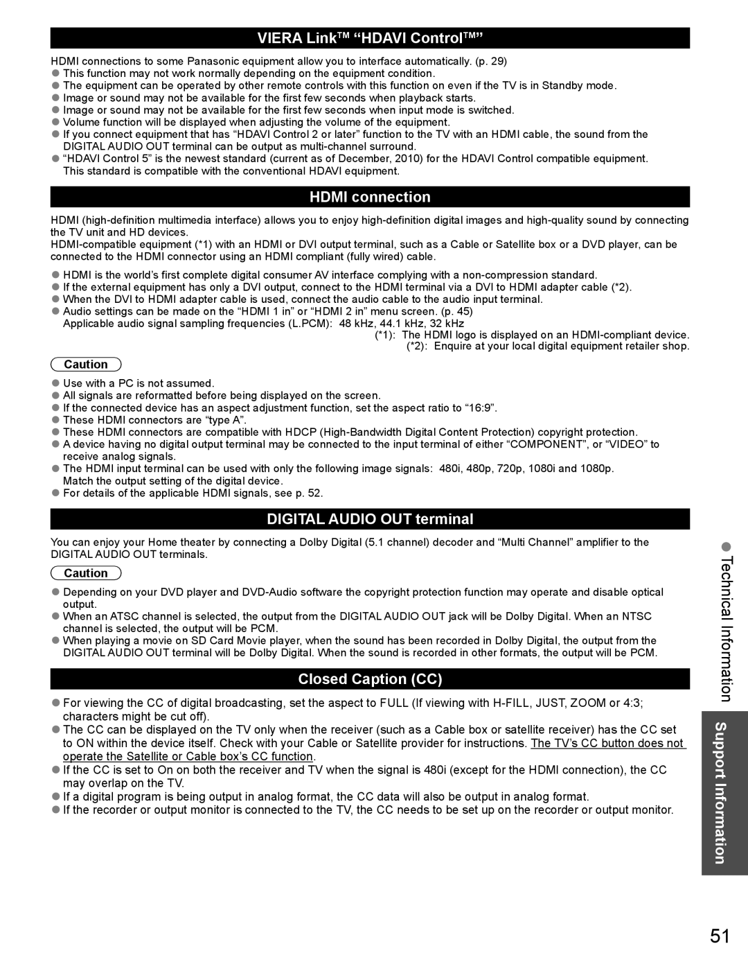 Panasonic TC-50PX34 warranty Technical Information Support Information, Viera LinkTM Hdavi ControlTM, Hdmi connection 