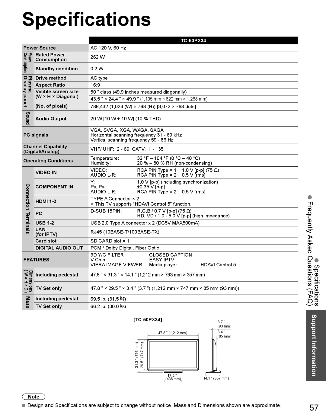 Panasonic TC-50PX34 warranty Specifications 