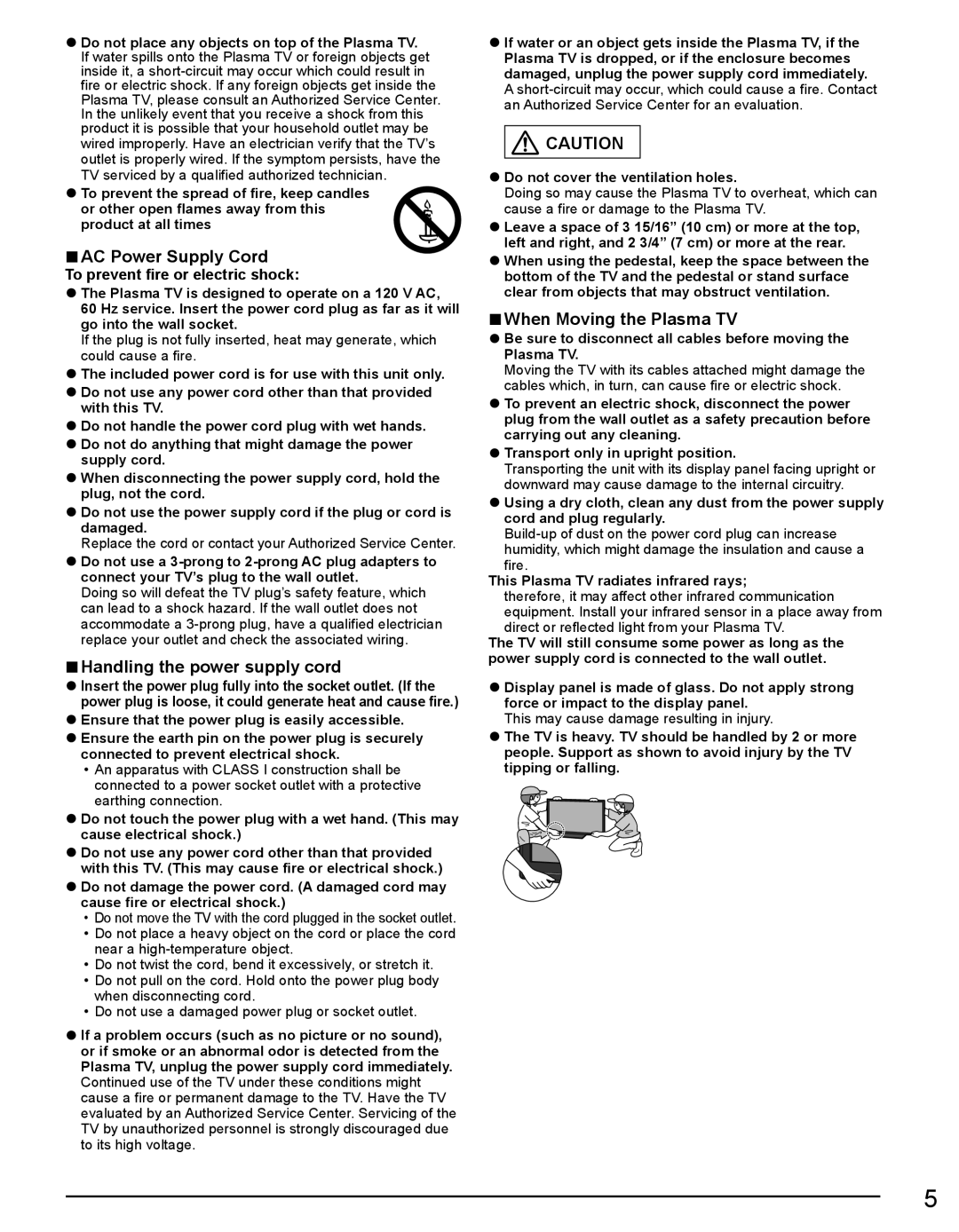 Panasonic TC-50PX34 warranty AC Power Supply Cord, Handling the power supply cord, When Moving the Plasma TV 