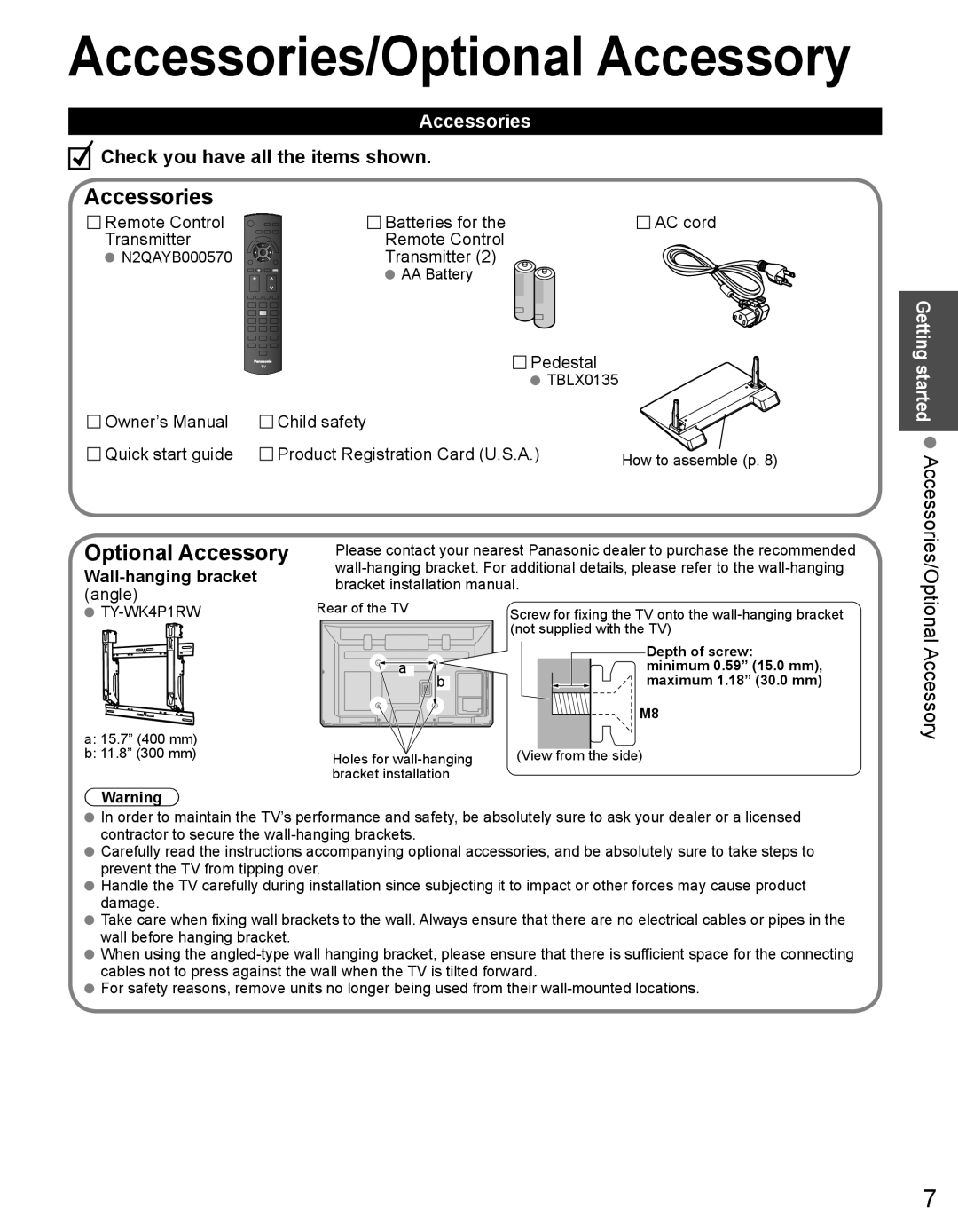 Panasonic TC-50PX34 warranty Accessories/Optional Accessory, Wall-hanging bracket 