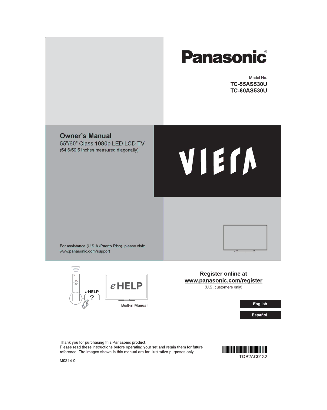 Panasonic owner manual TC-55AS530U TC-60AS530U Register online at 