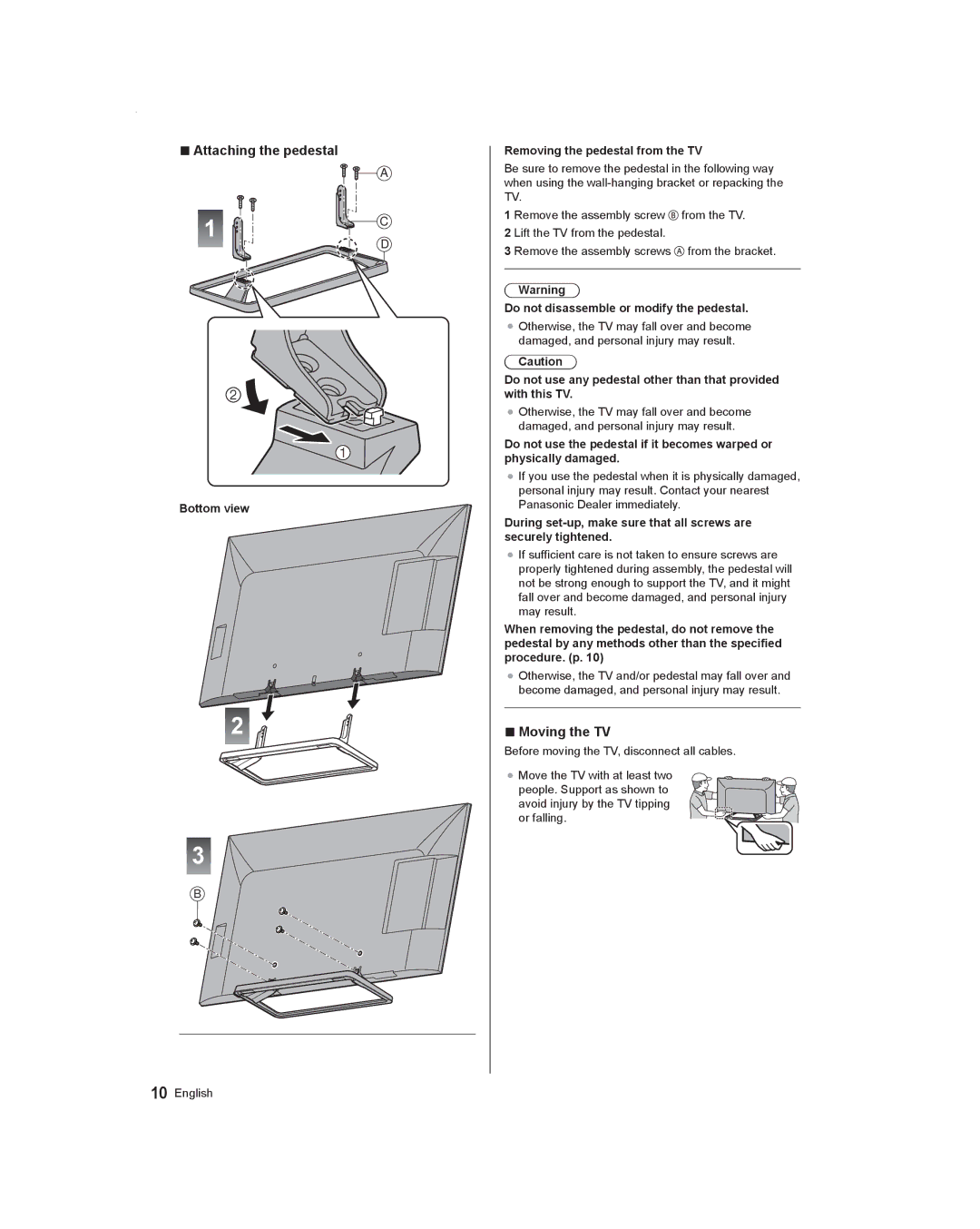 Panasonic TC-55AS530U, TC-60AS530U Attaching the pedestal, Moving the TV, Bottom view Removing the pedestal from the TV 