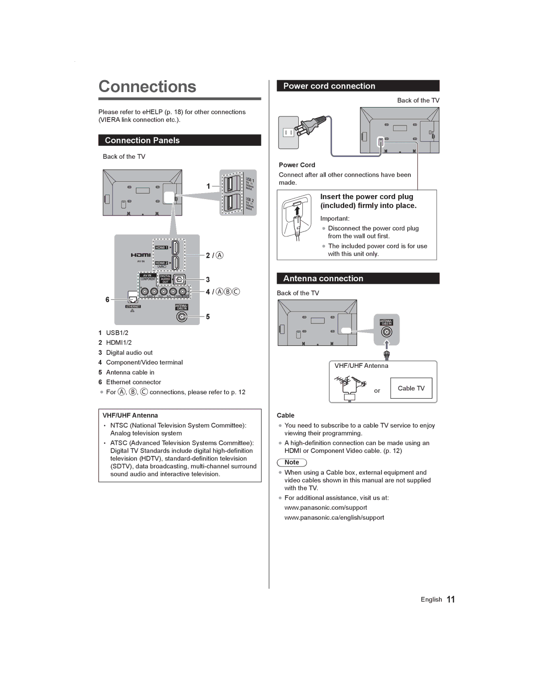 Panasonic TC-60AS530U, TC-55AS530U owner manual Connections, Connection Panels, Power cord connection, Antenna connection 