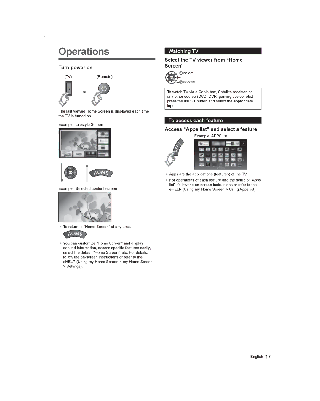 Panasonic TC-60AS530U, TC-55AS530U owner manual Operations, Watching TV, To access each feature 