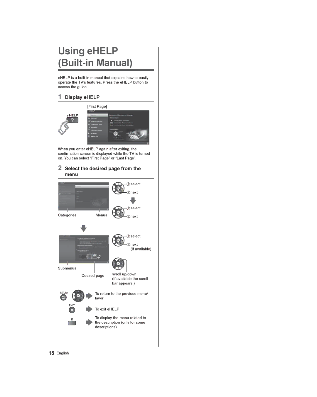 Panasonic TC-55AS530U, TC-60AS530U owner manual Display eHELP, Select the desired page from the menu 