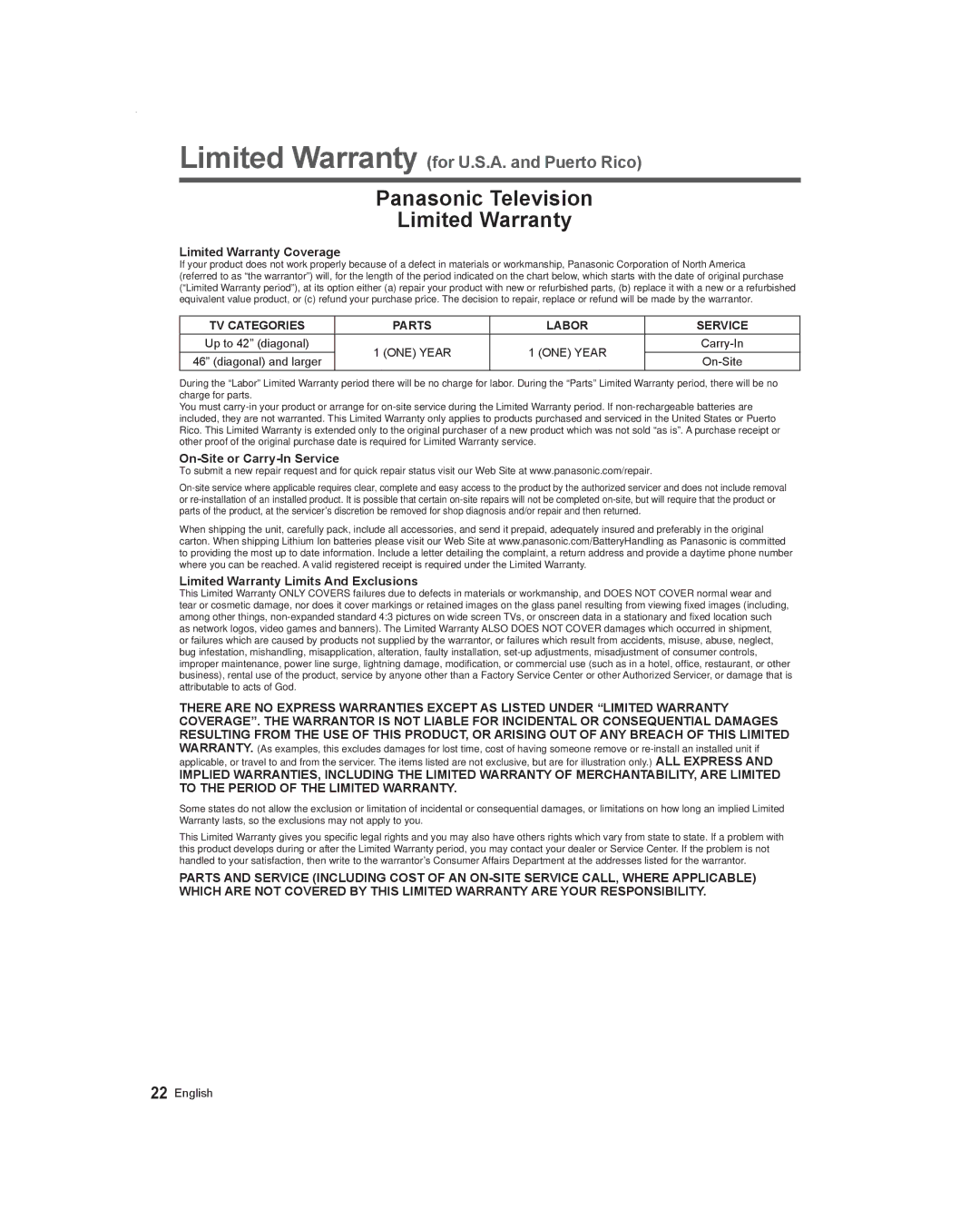 Panasonic TC-55AS530U, TC-60AS530U TV Categories Parts Labor Service, Up to 42 diagonal, Diagonal and larger On-Site 