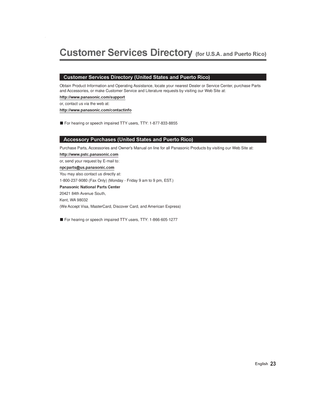 Panasonic TC-60AS530U, TC-55AS530U Customer Services Directory for U.S.A. and Puerto Rico, Npcparts@us.panasonic.com 