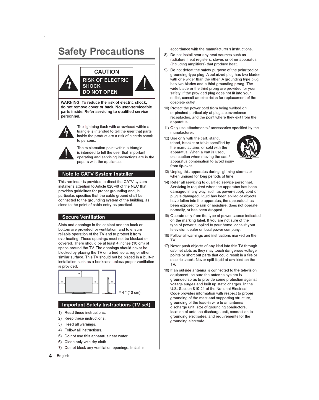 Panasonic TC-55AS530U, TC-60AS530U owner manual Safety Precautions, Secure Ventilation, Important Safety Instructions TV set 