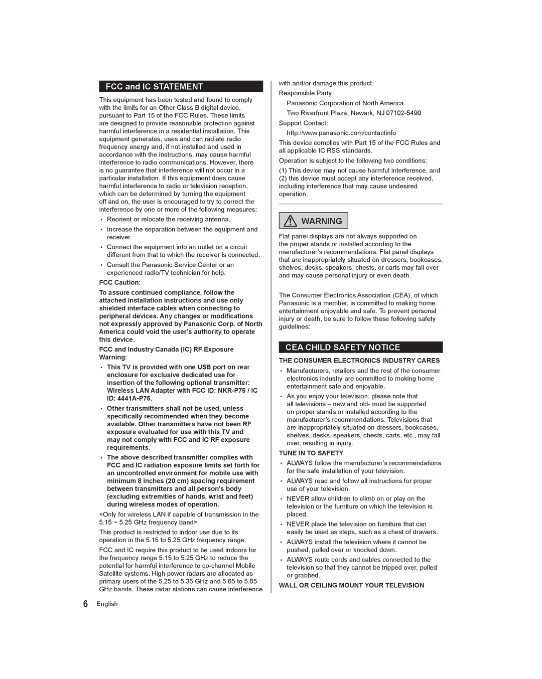 Panasonic TC-55AS530U, TC-60AS530U owner manual FCC and IC Statement, Consumer Electronics Industry Cares, Tune in to Safety 