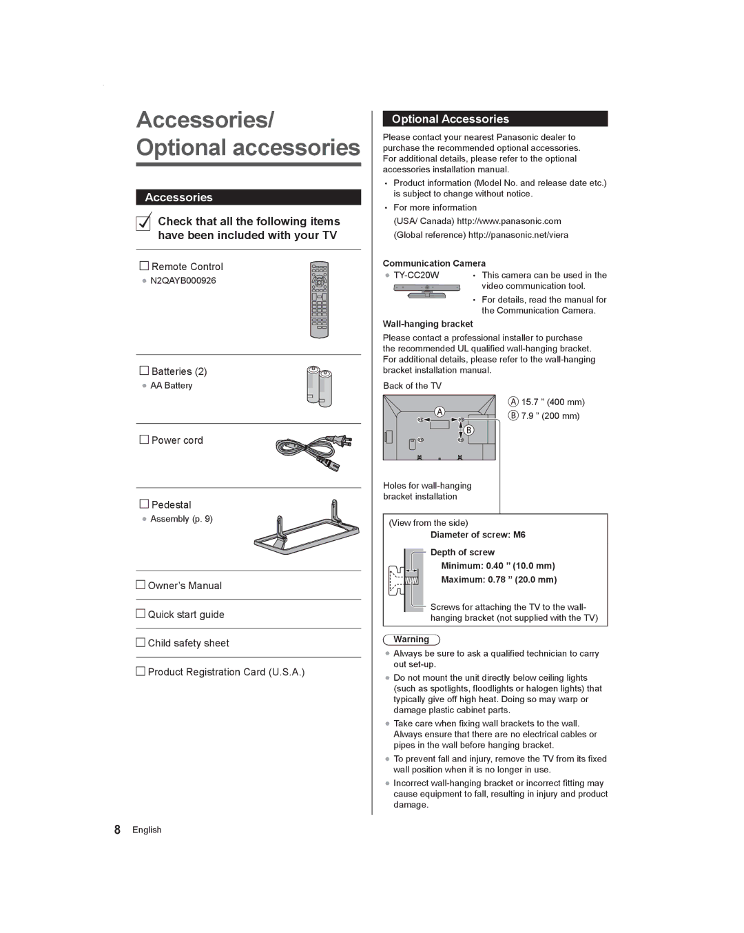 Panasonic TC-55AS530U, TC-60AS530U owner manual Optional Accessories, Communication Camera, Wall-hanging bracket 