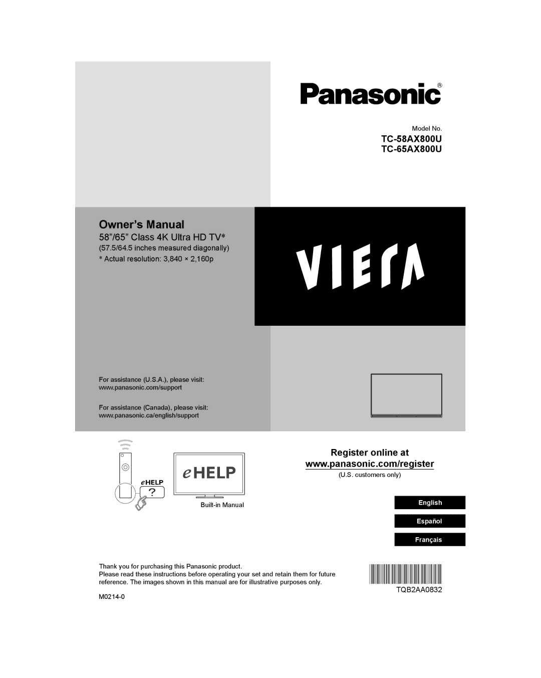 Panasonic owner manual TC-58AX800U TC-65AX800U 