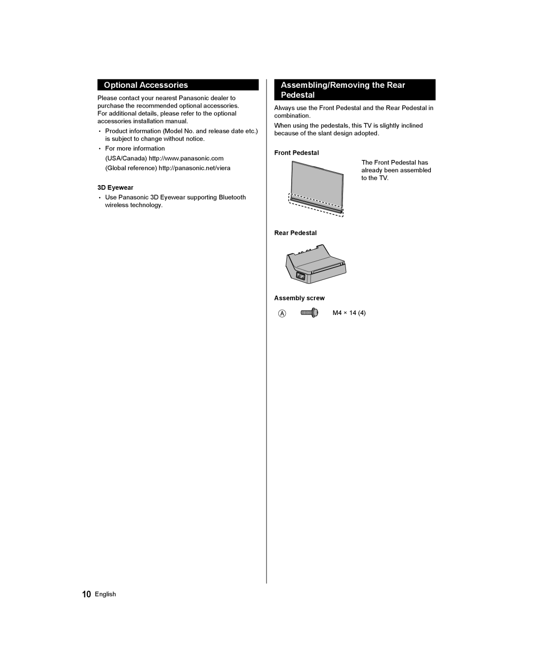 Panasonic TC-58AX800U, TC-65AX800U Optional Accessories, Assembling/Removing the Rear Pedestal, 3D Eyewear, Front Pedestal 