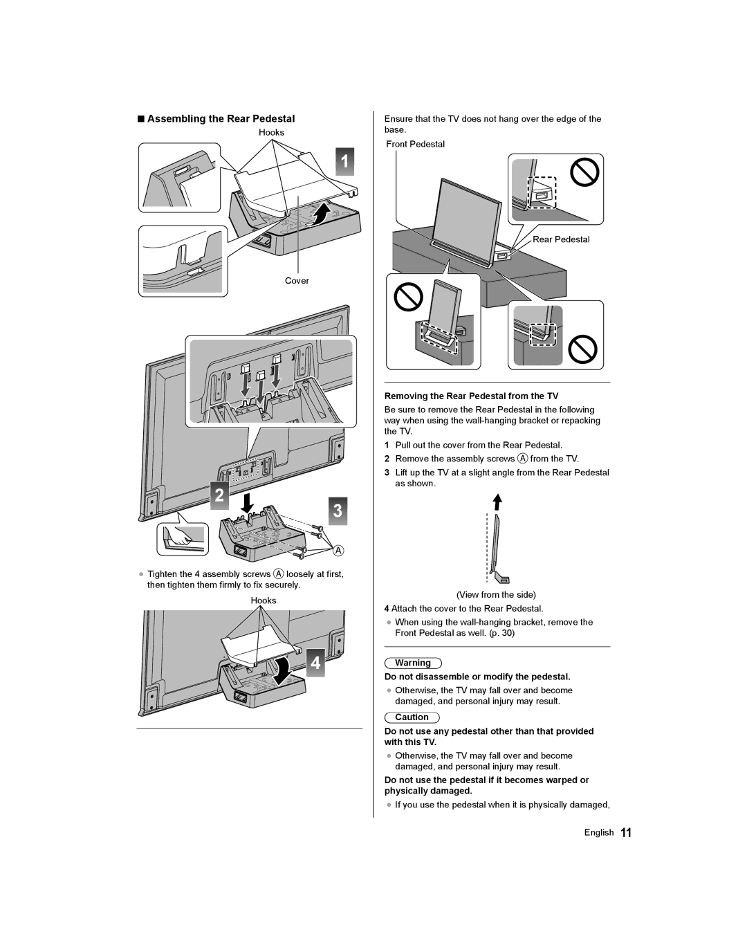 Panasonic TC-65AX800U, TC-58AX800U owner manual Assembling the Rear Pedestal, Removing the Rear Pedestal from the TV 