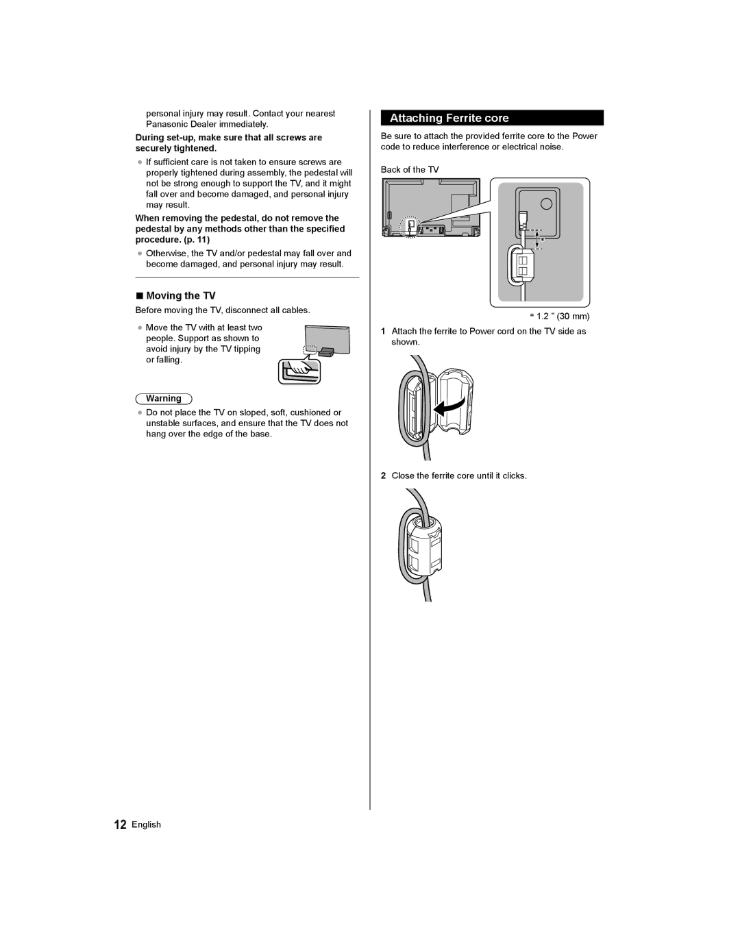 Panasonic TC-58AX800U, TC-65AX800U owner manual Attaching Ferrite core, Moving the TV 