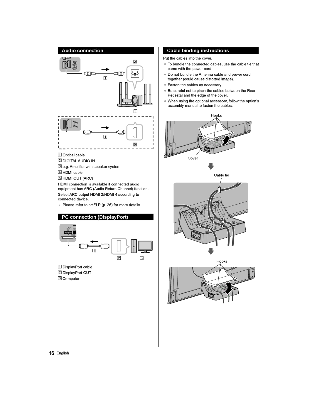 Panasonic TC-58AX800U, TC-65AX800U owner manual Audio connection, PC connection DisplayPort, Cable binding instructions 