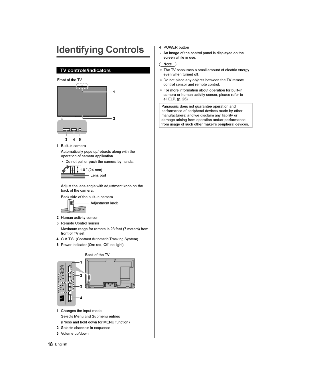 Panasonic TC-58AX800U, TC-65AX800U owner manual Identifying Controls, TV controls/indicators 