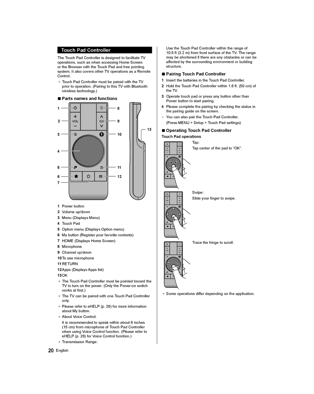 Panasonic TC-58AX800U Parts names and functions, Pairing Touch Pad Controller, Operating Touch Pad Controller 