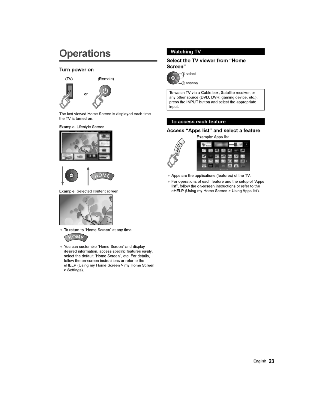 Panasonic TC-65AX800U, TC-58AX800U owner manual Operations, Watching TV, To access each feature 