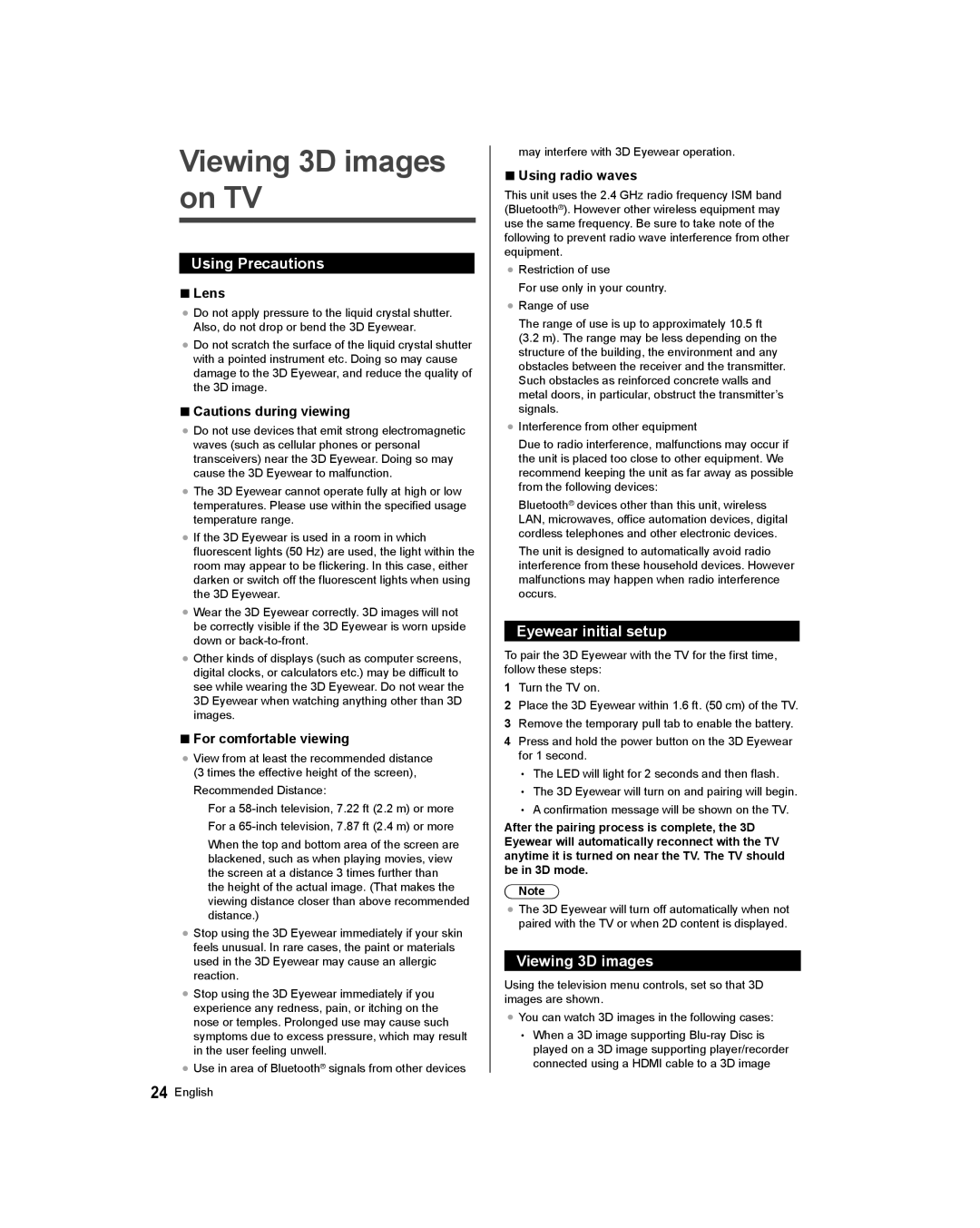 Panasonic TC-58AX800U, TC-65AX800U owner manual Viewing 3D images on TV, Using Precautions, Eyewear initial setup 