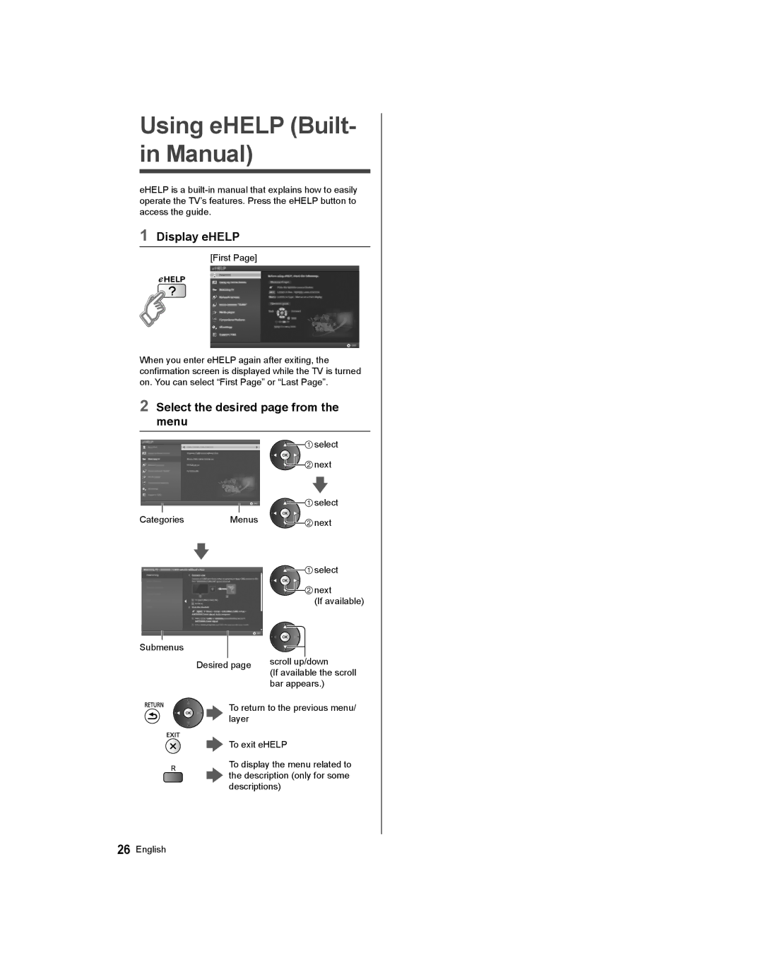 Panasonic TC-58AX800U, TC-65AX800U Using eHELP Built- in Manual, Display eHELP, Select the desired page from the menu 