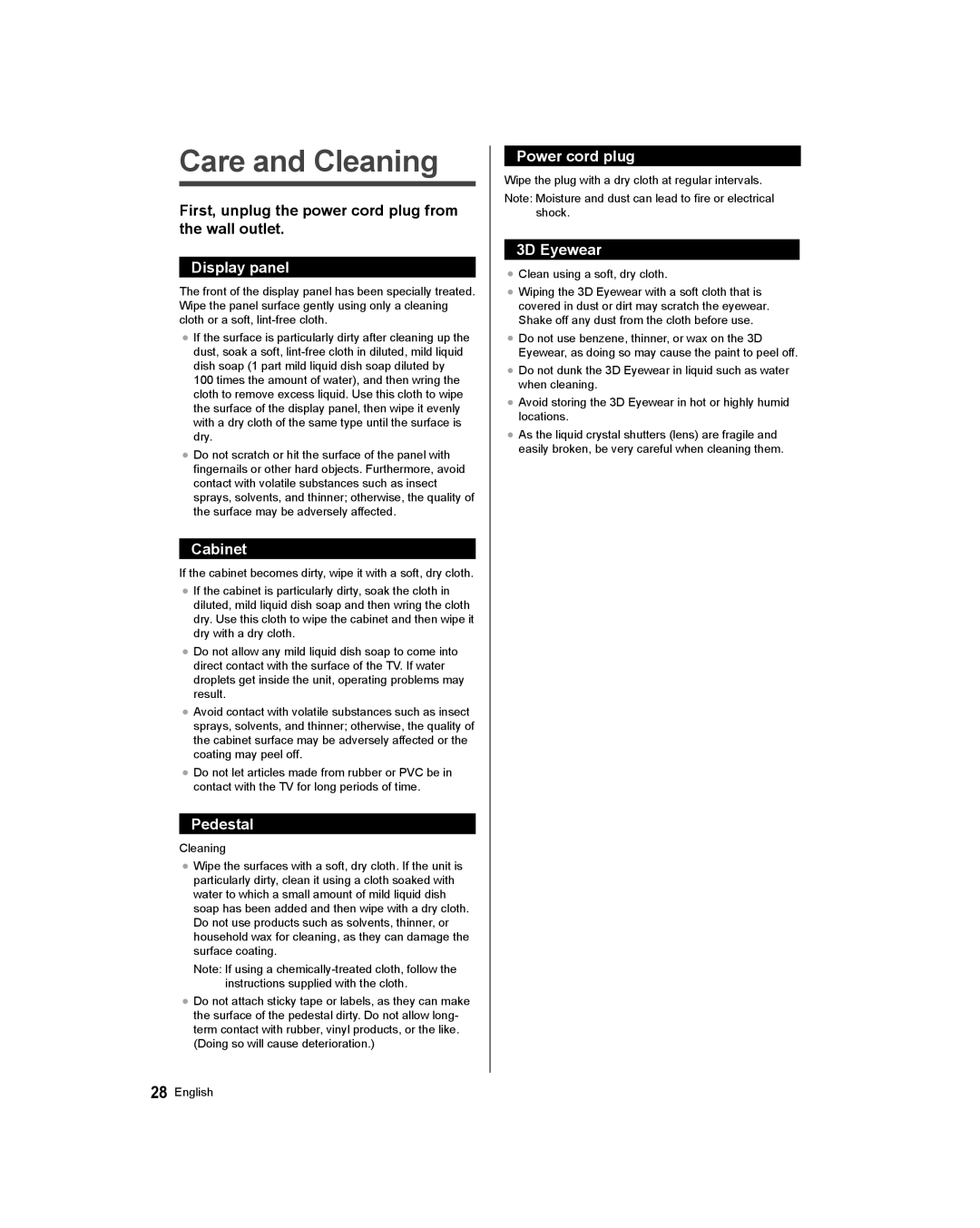 Panasonic TC-58AX800U, TC-65AX800U owner manual Care and Cleaning 