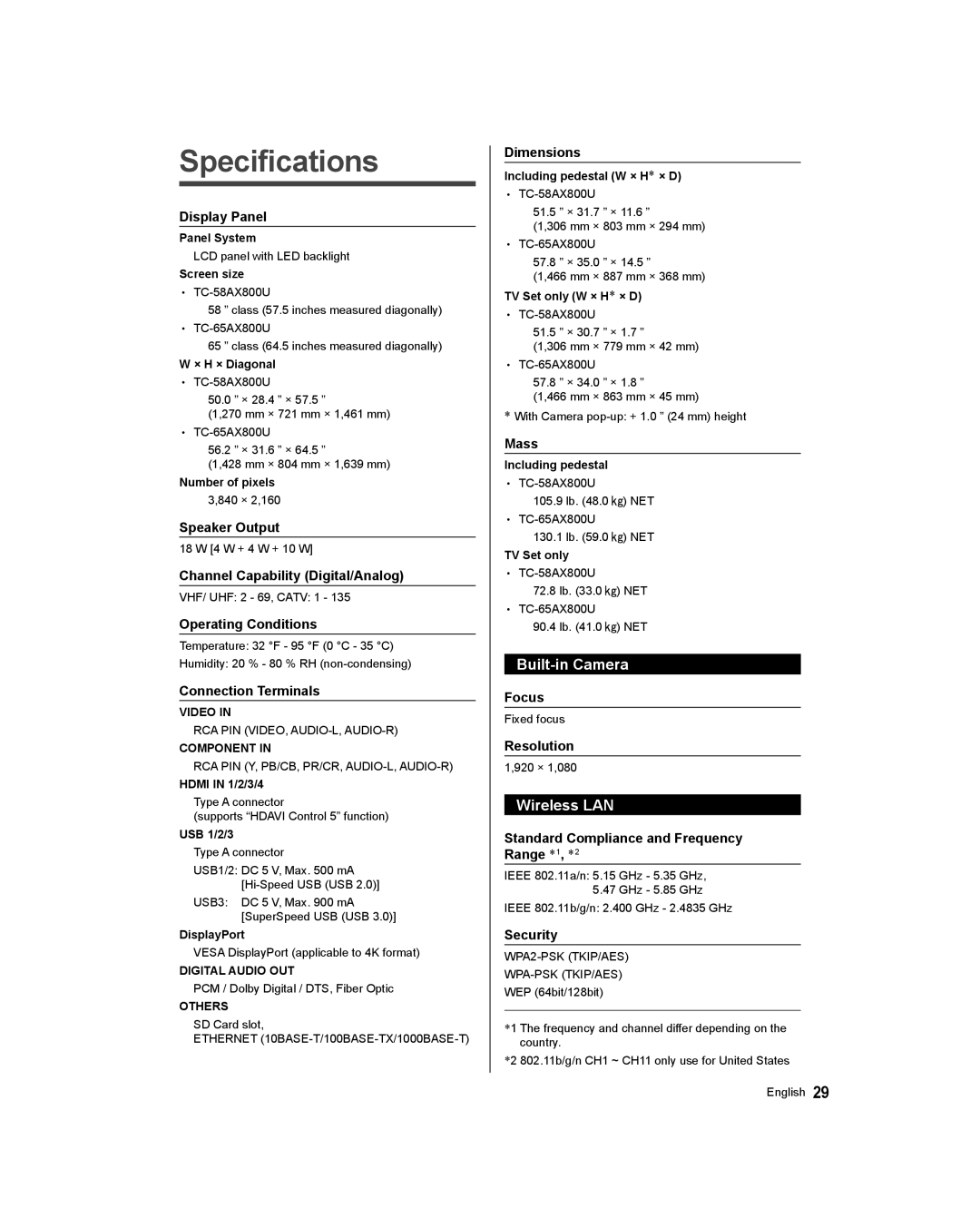 Panasonic TC-65AX800U, TC-58AX800U owner manual Specifications, Built-in Camera, Wireless LAN 