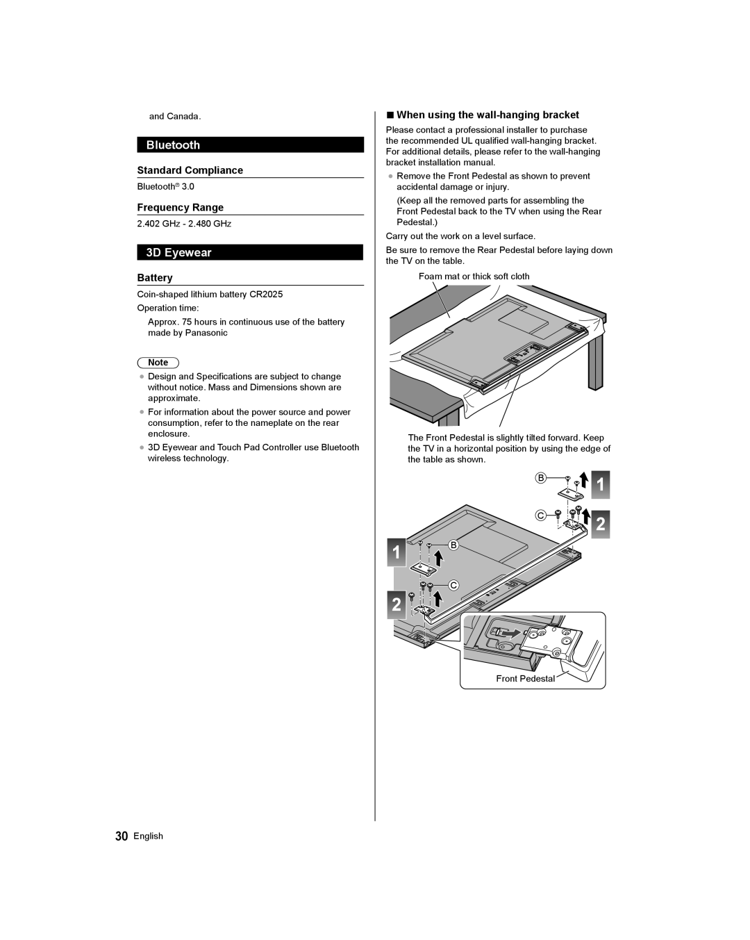 Panasonic TC-58AX800U Bluetooth, Standard Compliance, Frequency Range, Battery, When using the wall-hanging bracket 