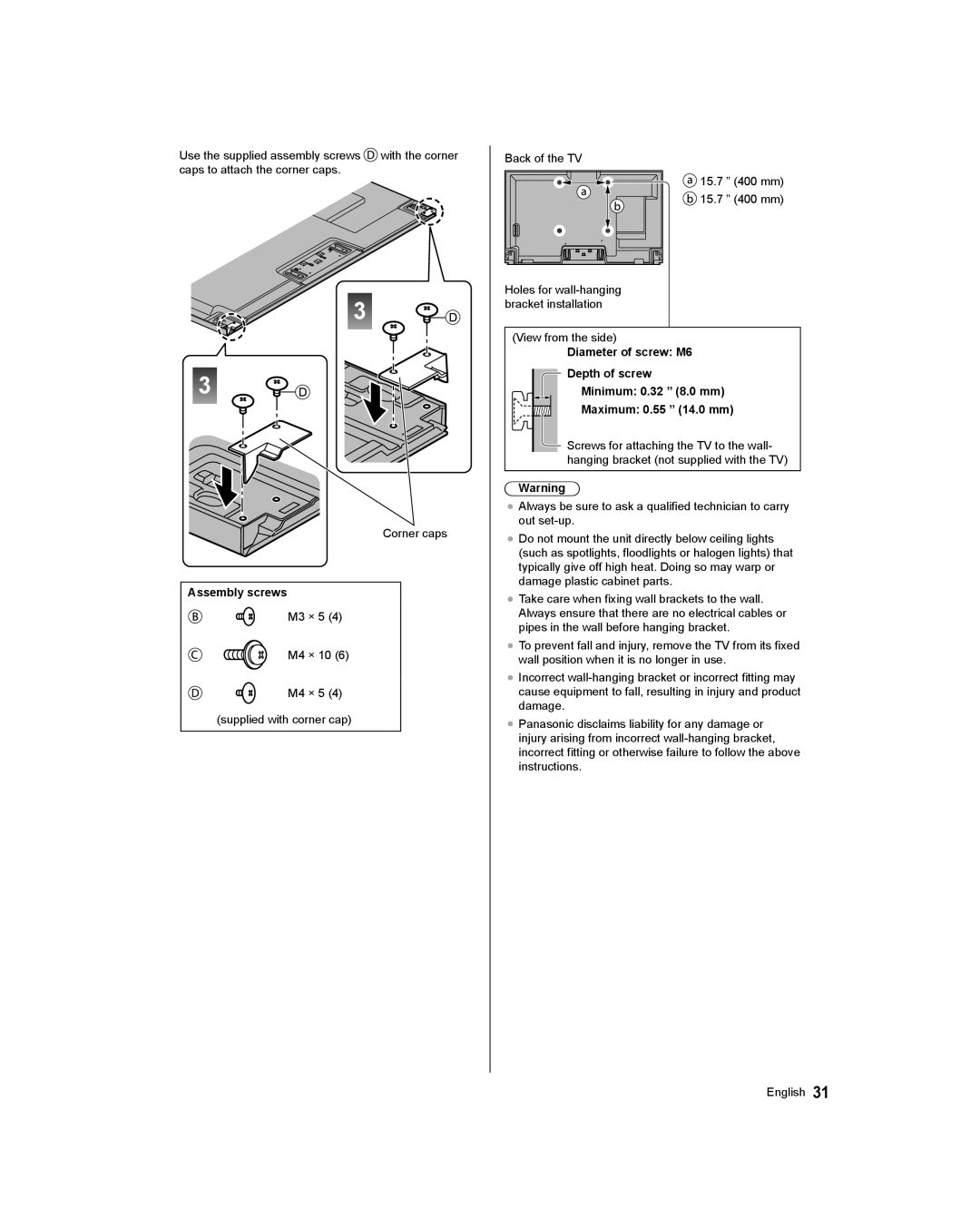 Panasonic TC-65AX800U, TC-58AX800U owner manual Assembly screws 