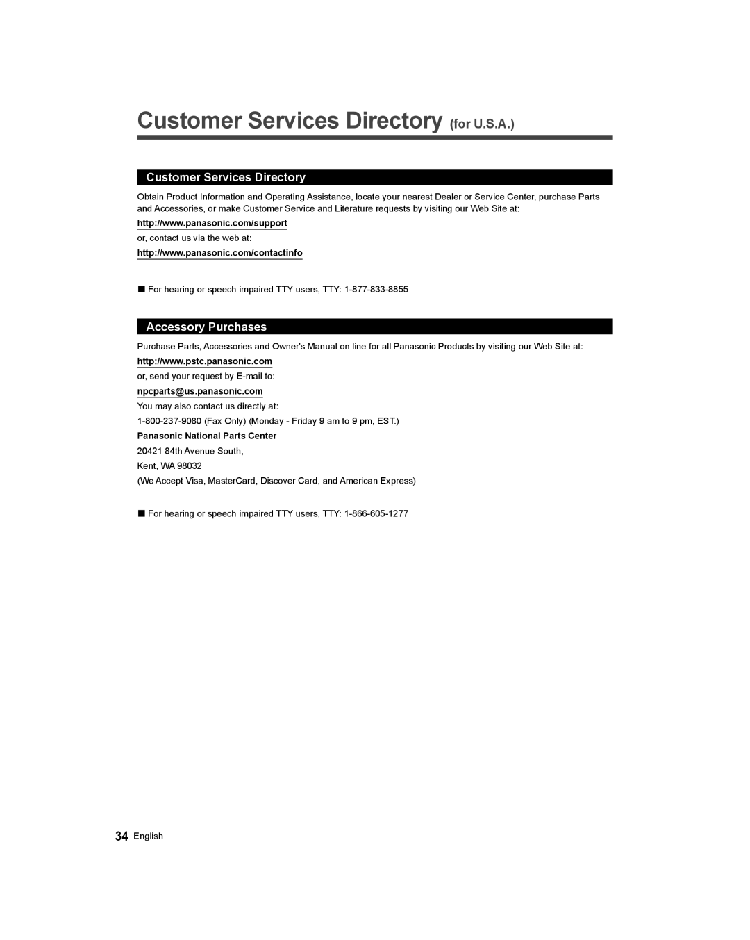 Panasonic TC-58AX800U, TC-65AX800U Customer Services Directory for U.S.A, Accessory Purchases, Npcparts@us.panasonic.com 