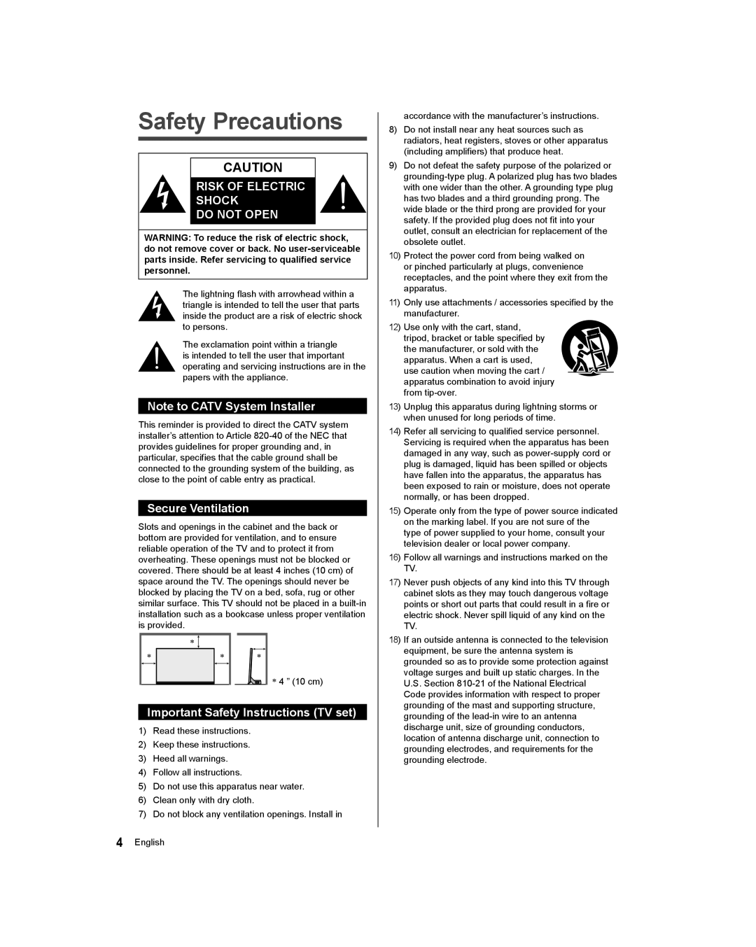 Panasonic TC-58AX800U, TC-65AX800U owner manual Safety Precautions, Secure Ventilation, Important Safety Instructions TV set 