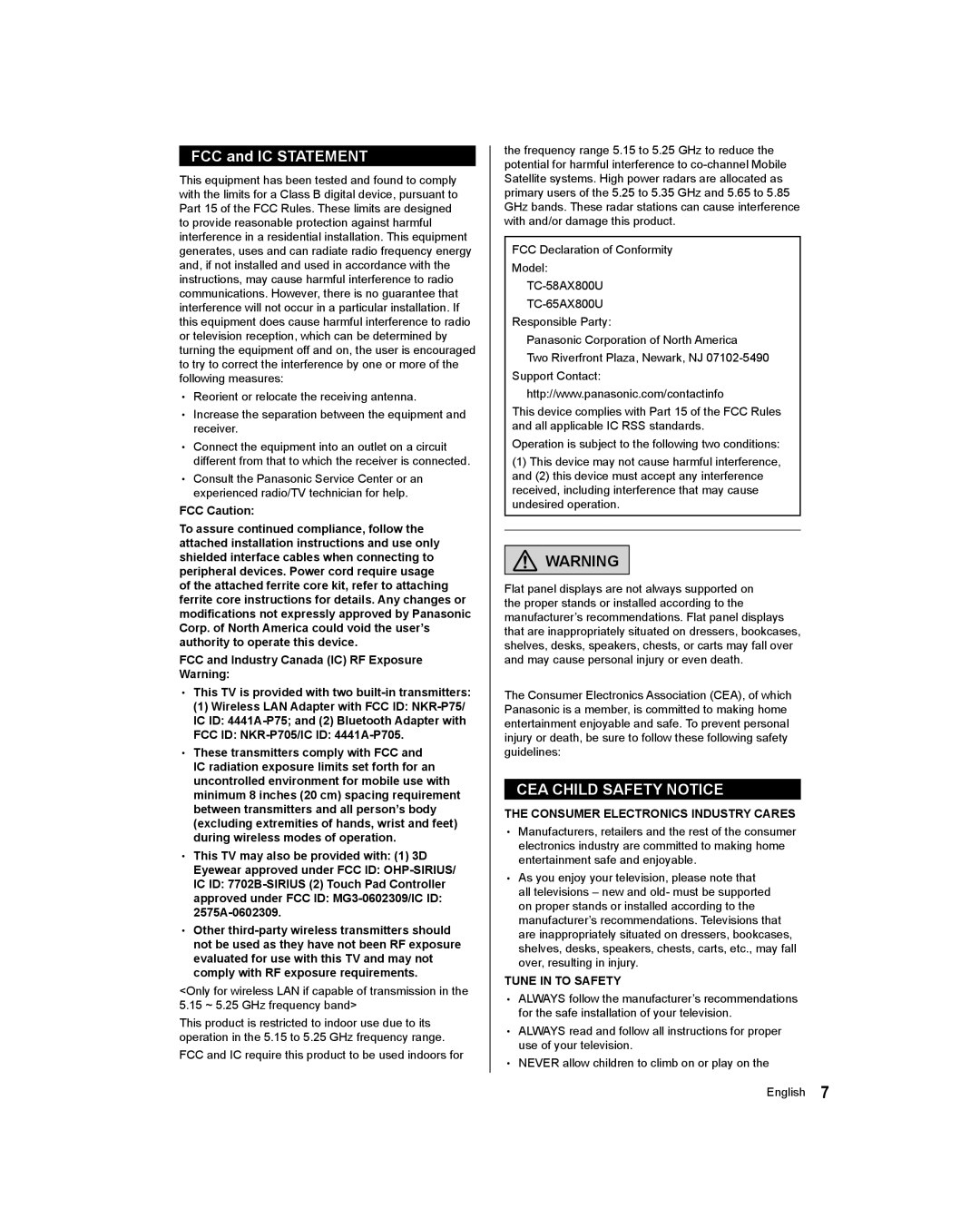 Panasonic TC-65AX800U, TC-58AX800U owner manual FCC and IC Statement, CEA Child Safety Notice 