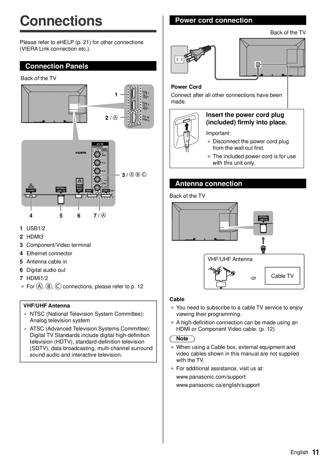 Panasonic TC-60AS640U owner manual Connections, Connection Panels, Power cord connection, Antenna connection 