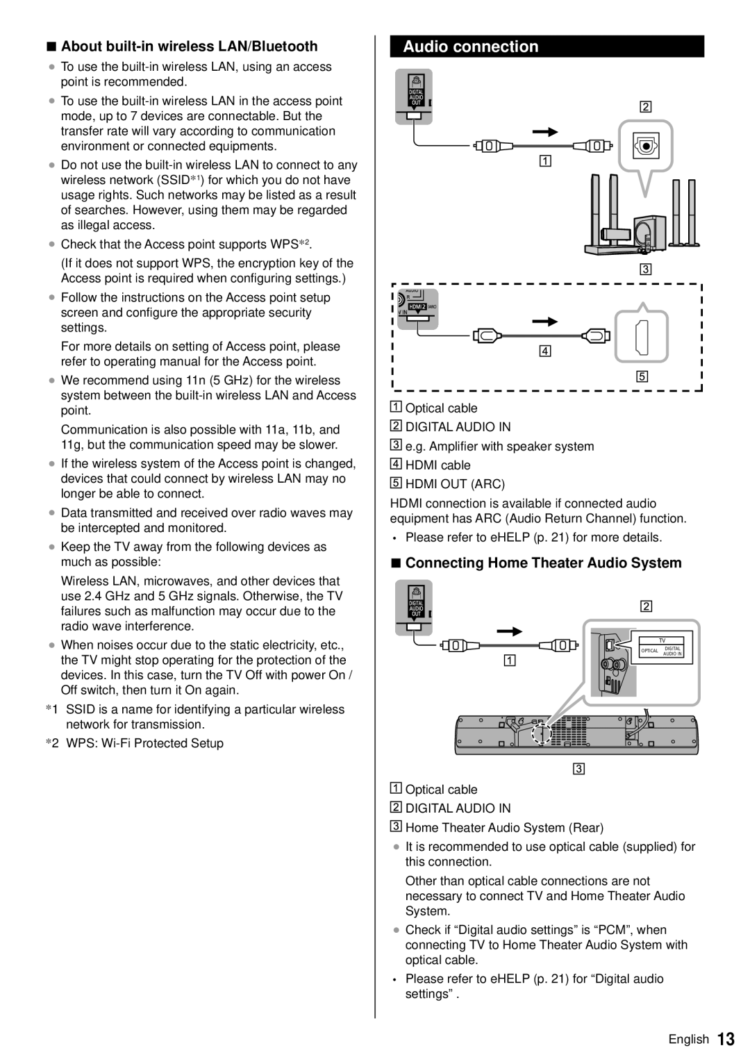 Panasonic TC-60AS640U Audio connection, About built-in wireless LAN/Bluetooth, Connecting Home Theater Audio System 