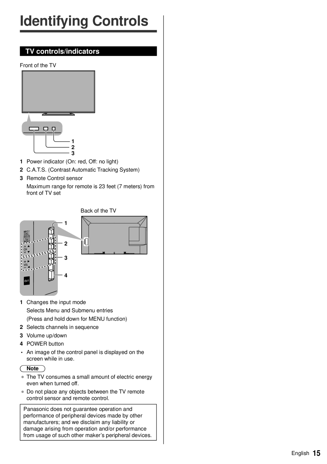 Panasonic TC-60AS640U owner manual Identifying Controls, TV controls/indicators 