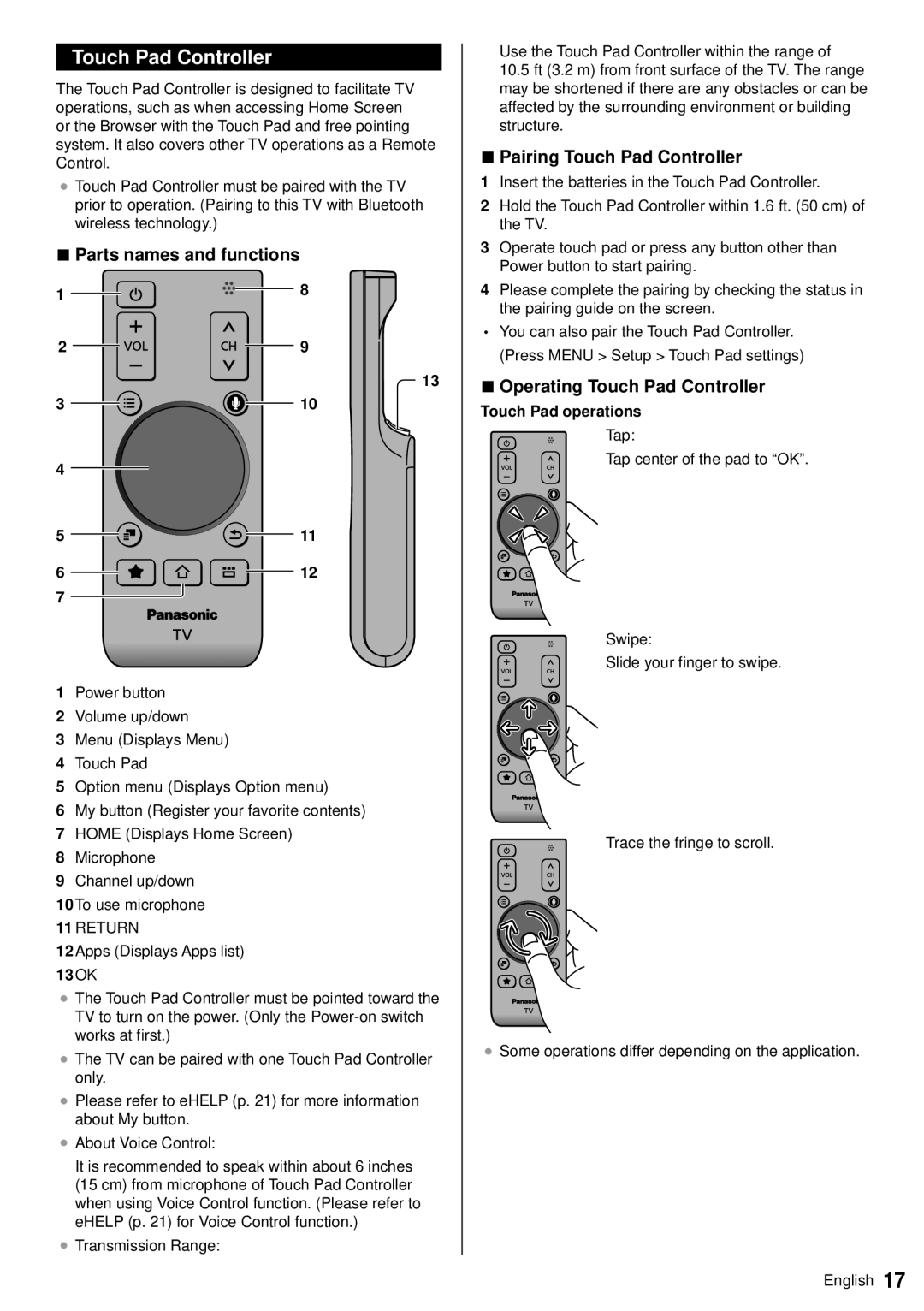 Panasonic TC-60AS640U Parts names and functions, Pairing Touch Pad Controller, Operating Touch Pad Controller 