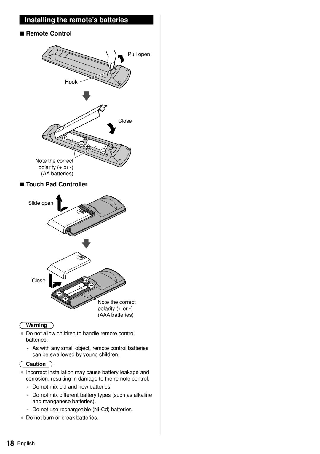 Panasonic TC-60AS640U owner manual Installing the remote’s batteries, Remote Control, Touch Pad Controller 