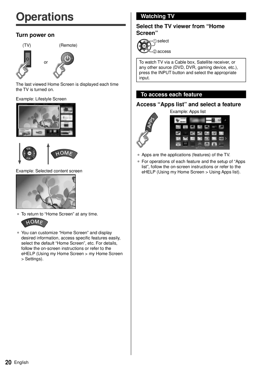 Panasonic TC-60AS640U owner manual Operations, Watching TV, To access each feature 