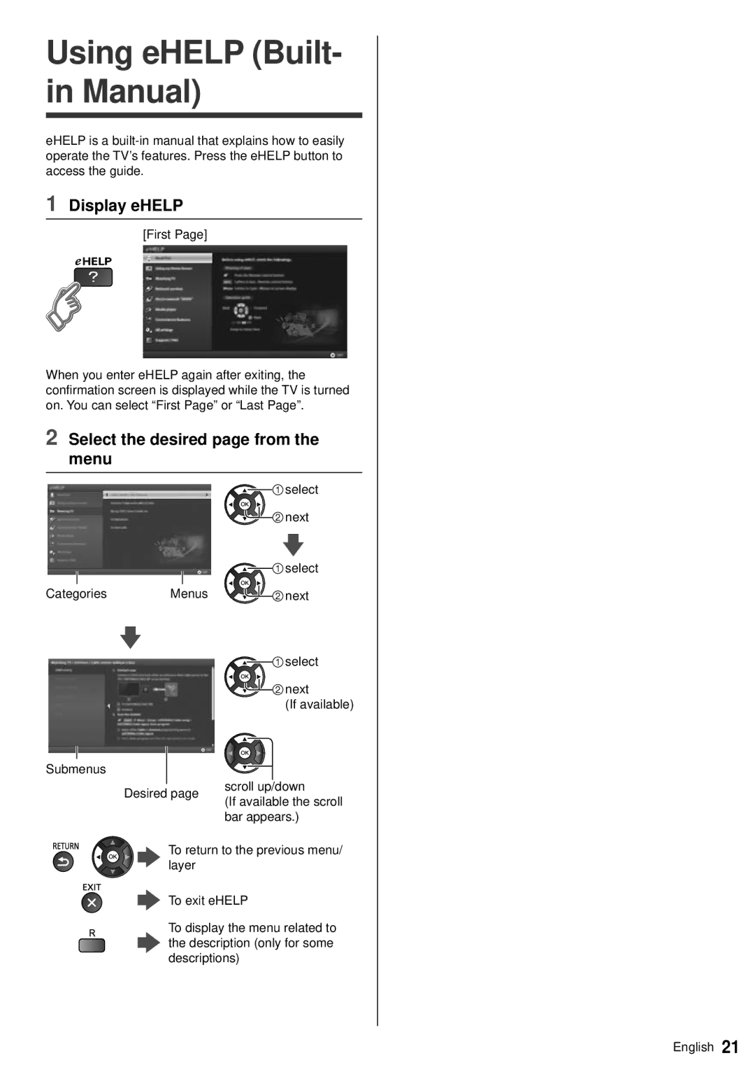 Panasonic TC-60AS640U owner manual Using eHELP Built- in Manual, Display eHELP, Select the desired page from the menu 