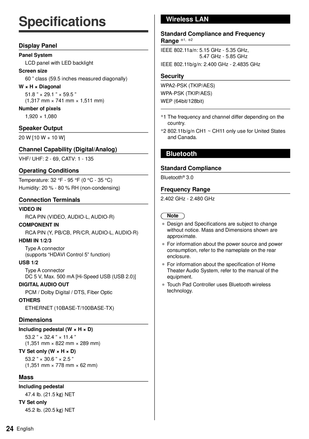 Panasonic TC-60AS640U owner manual Specifications, Wireless LAN, Bluetooth 