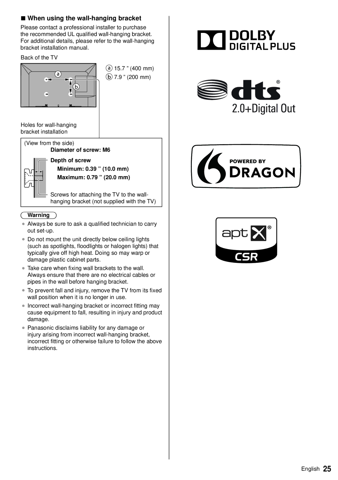 Panasonic TC-60AS640U owner manual When using the wall-hanging bracket 