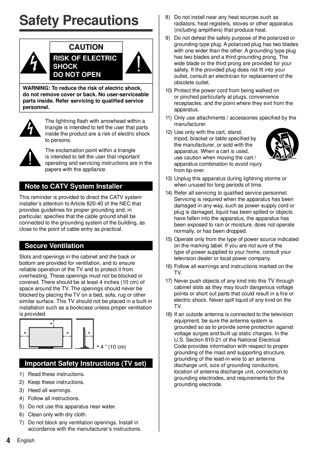 Panasonic TC-60AS640U owner manual Safety Precautions, Secure Ventilation, Important Safety Instructions TV set 