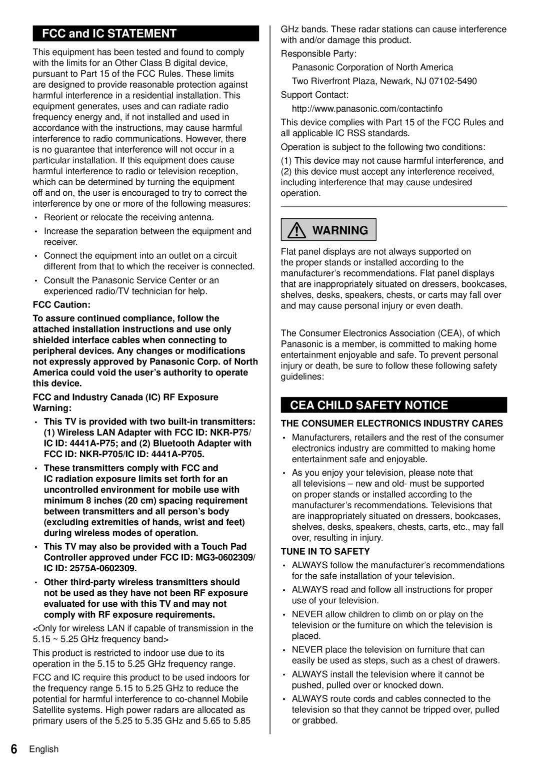 Panasonic TC-60AS640U owner manual FCC and IC Statement, CEA Child Safety Notice 