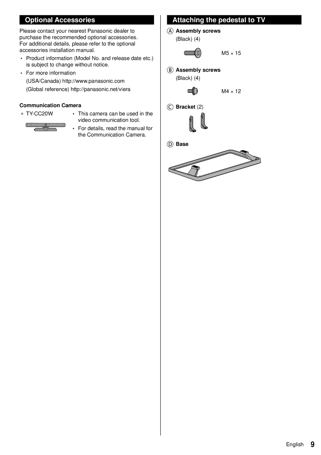 Panasonic TC-60AS640U Optional Accessories, Attaching the pedestal to TV, Communication Camera, Assembly screws 