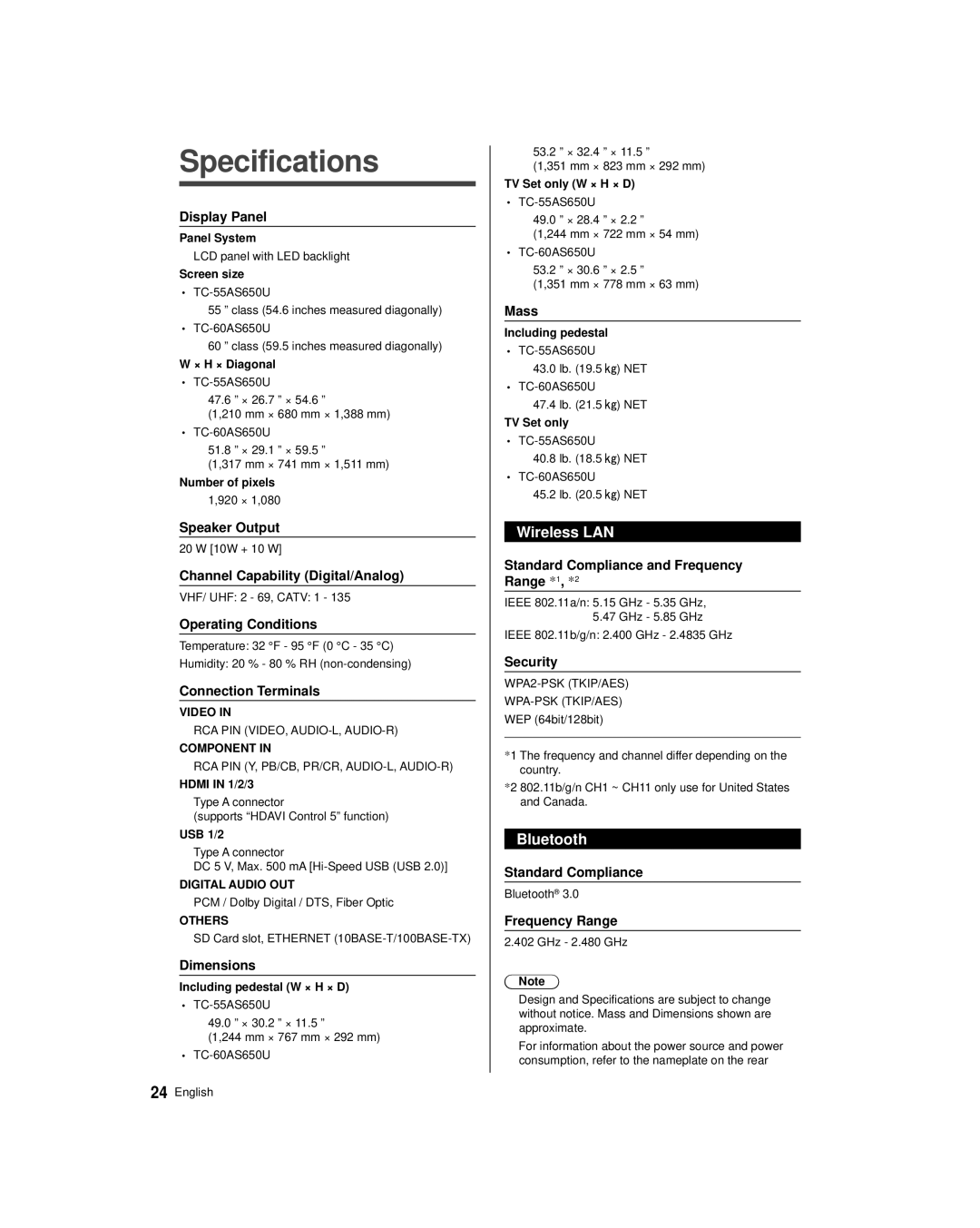 Panasonic TC-60AS650U, TC-55AS650U owner manual Specifications, Wireless LAN, Bluetooth 