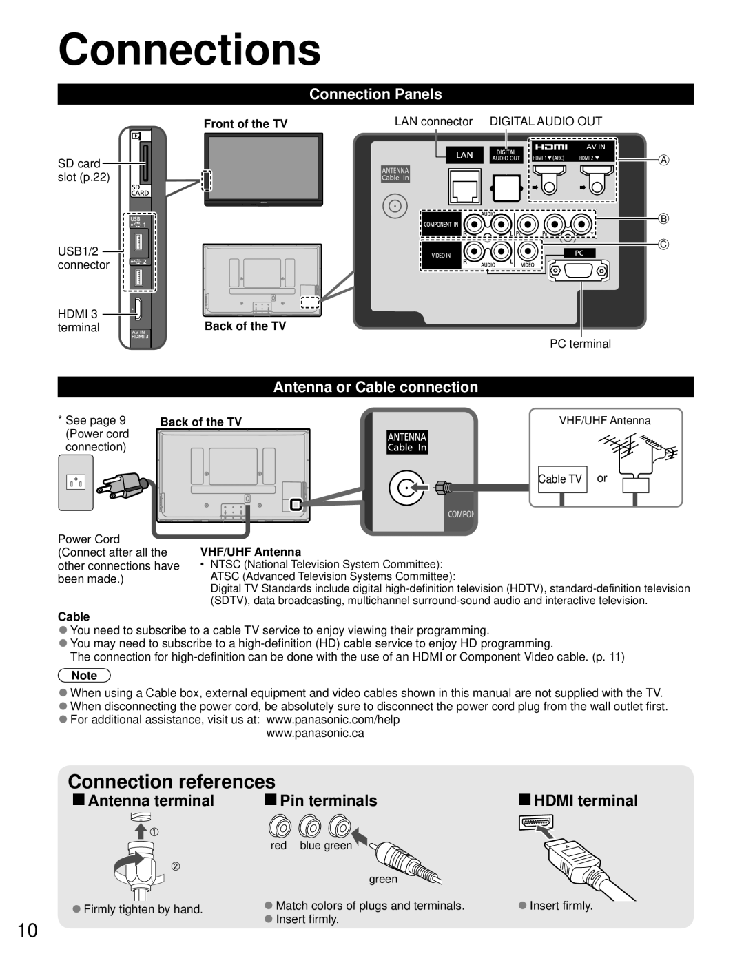 Panasonic TC-60PS34 owner manual Connections, Connection Panels, Antenna or Cable connection, VHF/UHF Antenna 