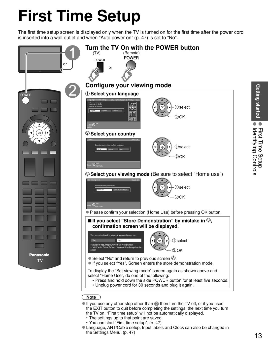 Panasonic TC-60PS34 owner manual First Time Setup, Turn the TV On with the Power button, Configure your viewing mode 