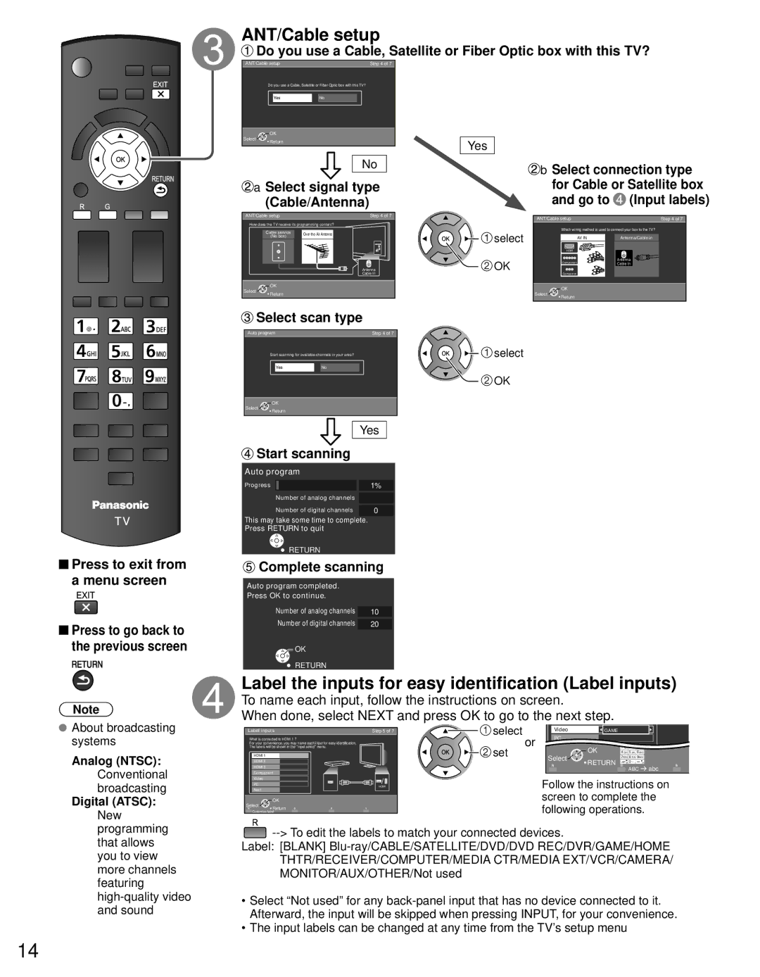 Panasonic TC-60PS34 owner manual ANT/Cable setup, Label the inputs for easy identification Label inputs, Select scan type 