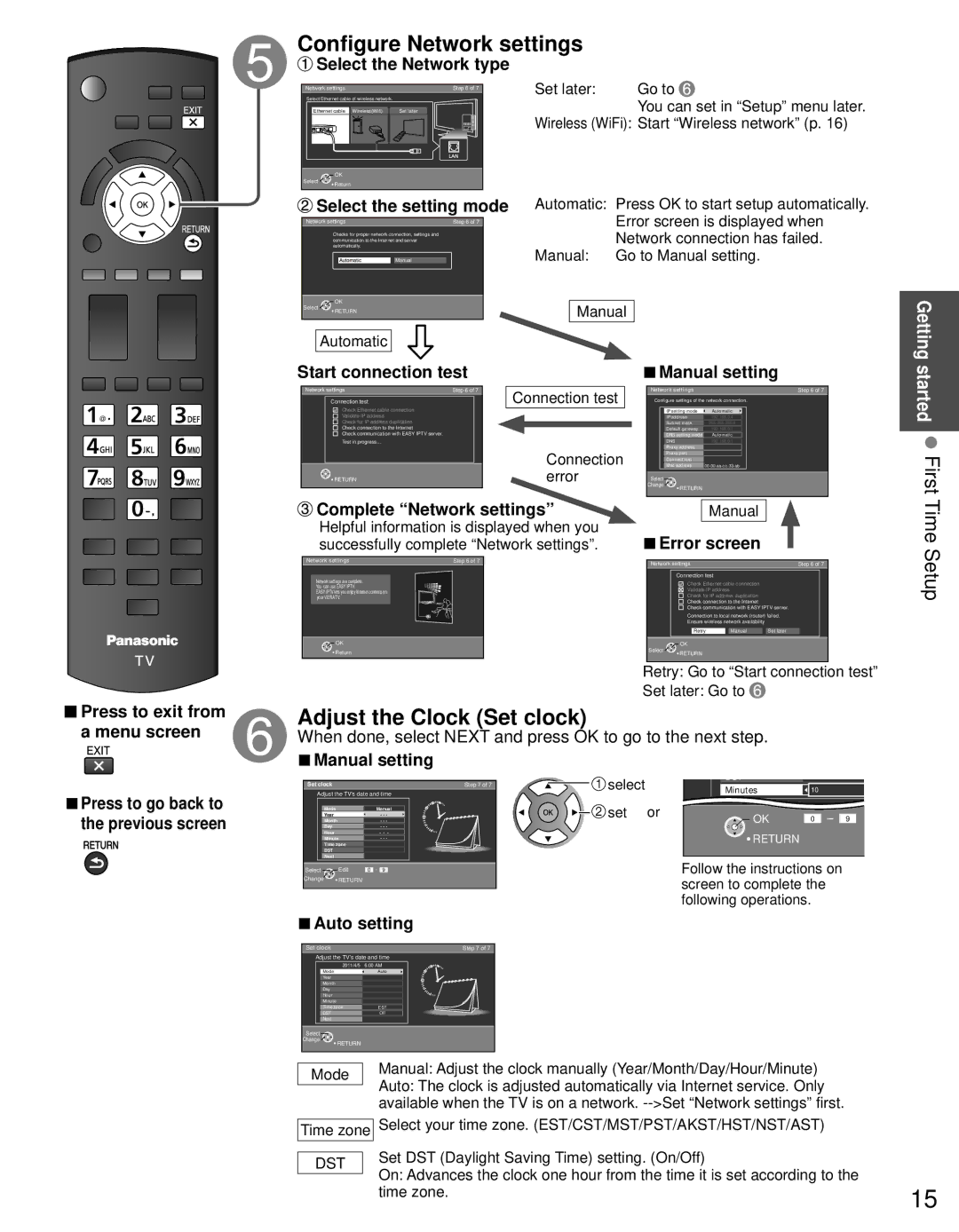 Panasonic TC-60PS34 owner manual Adjust the Clock Set clock, Started First Time 