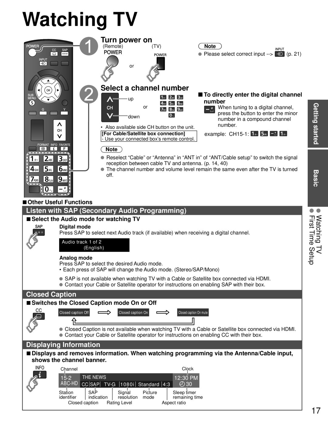 Panasonic TC-60PS34 owner manual Watching TV, Turn power on, Select a channel number 