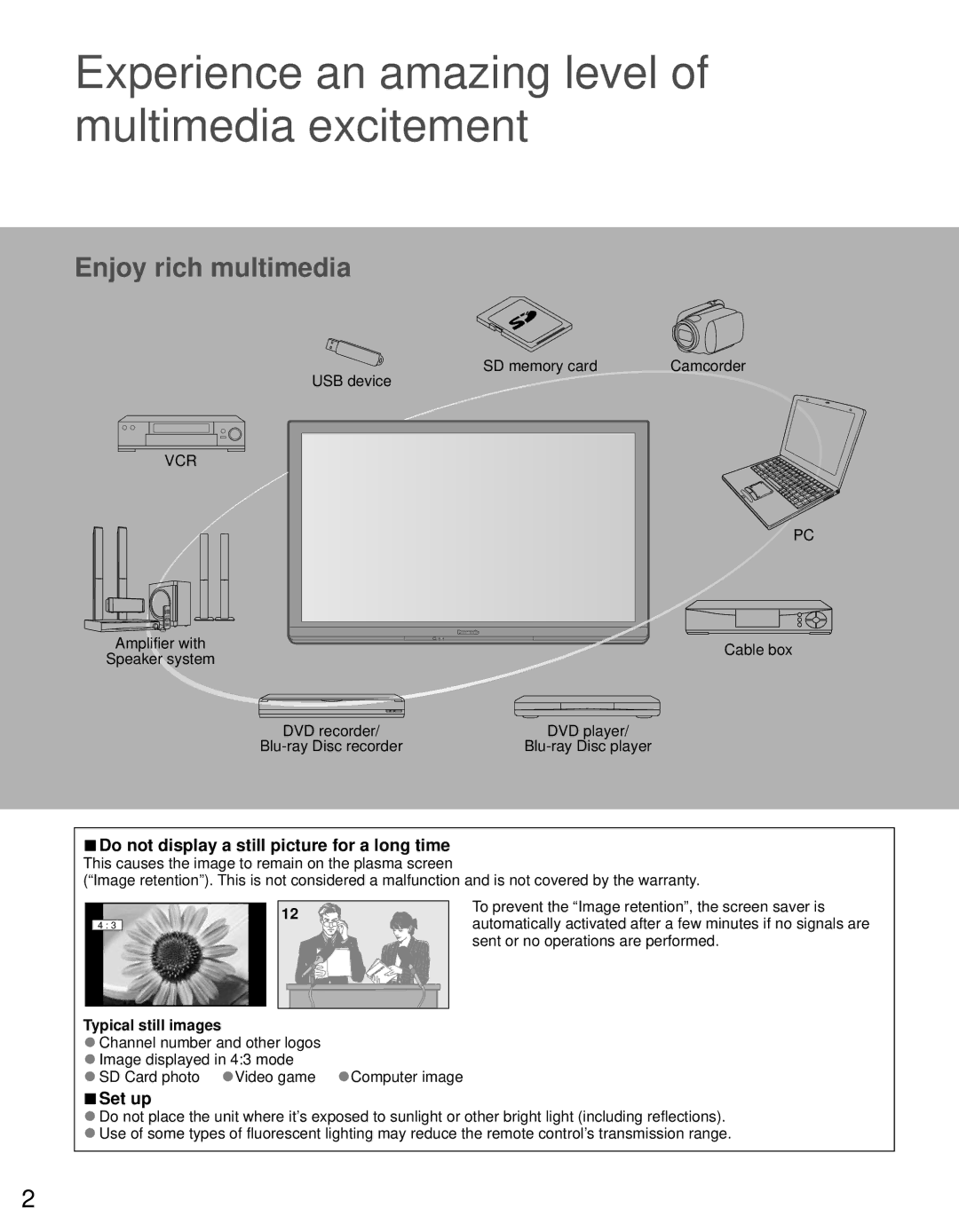 Panasonic TC-60PS34 owner manual Do not display a still picture for a long time, Set up, Typical still images 